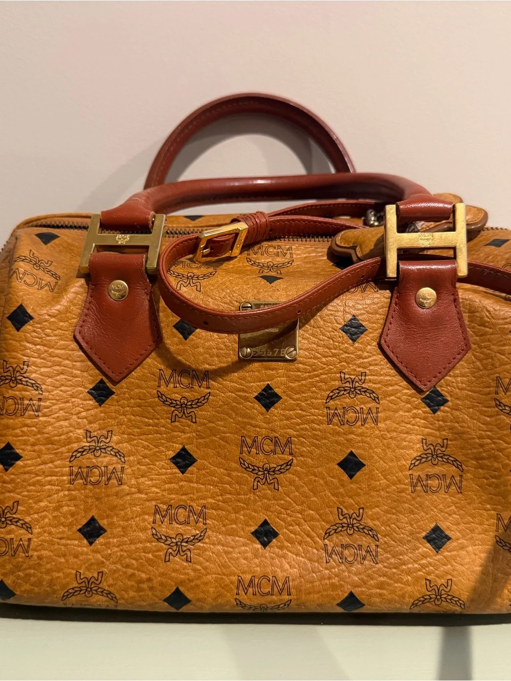 MCM Cognac Visetos Satchel with Gold Hardware